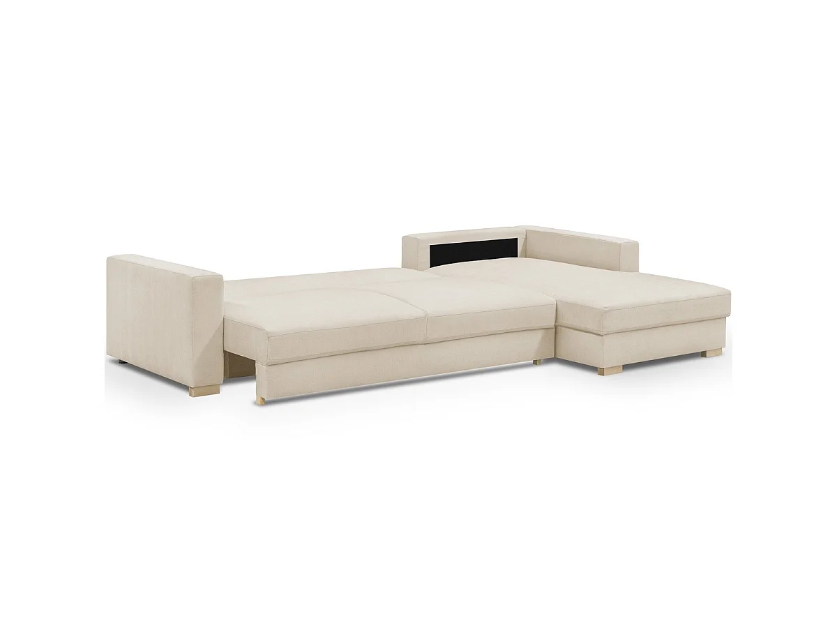Canapé d'angle droit convertible 5 places en tissu chenille beige