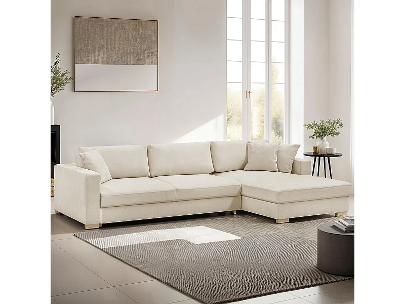 Canapé d'angle à droite convertible 5 places en tissu chenille beige - Robin