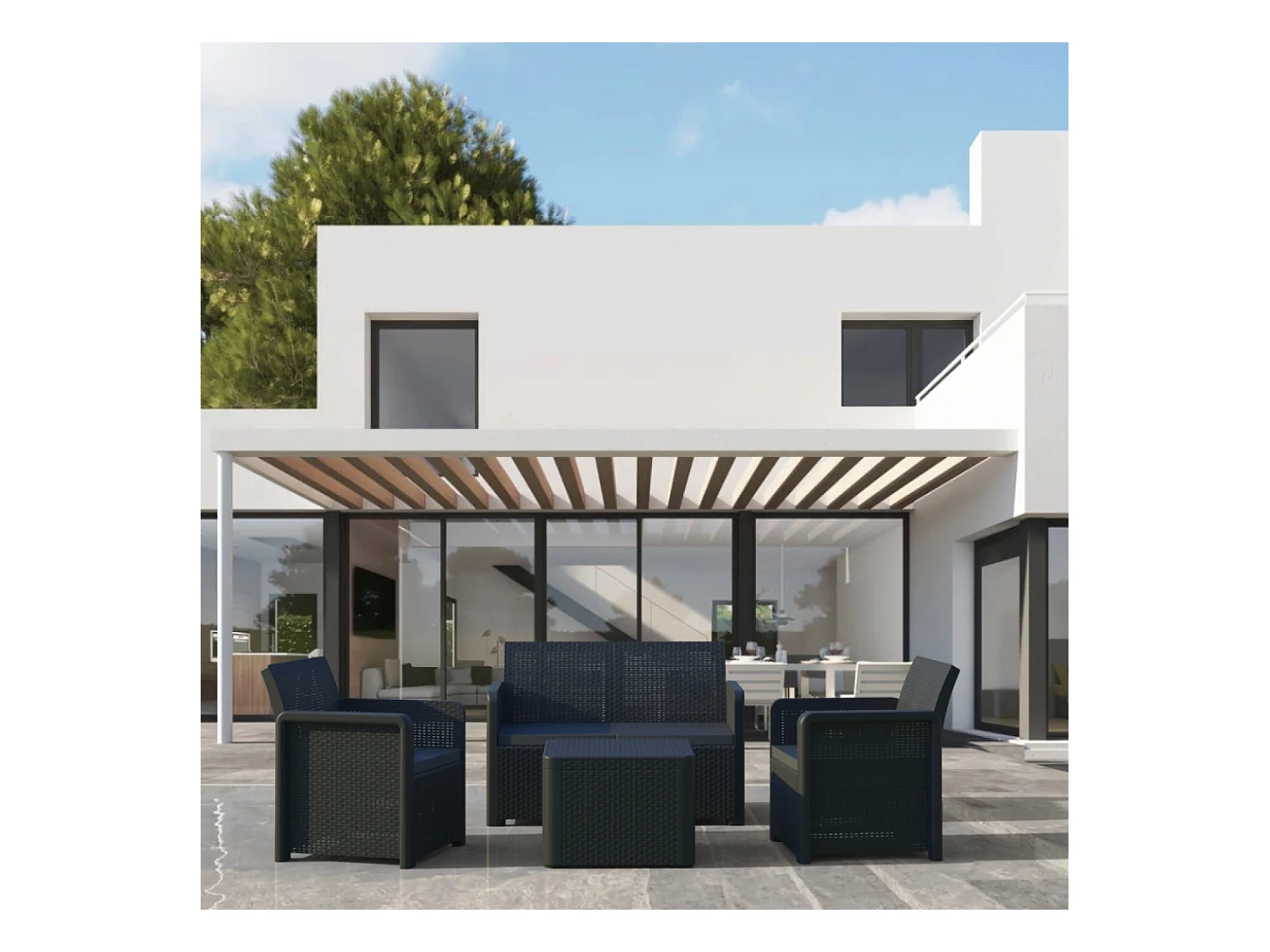 Gartenmöbel-Set aus grauem 4-Sitzer-Resin mit niedrigem Tisch Nassau