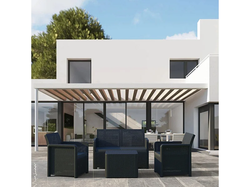 Tuinset van 4 zitplaatsen in grijs hars met lage tafel Nassau