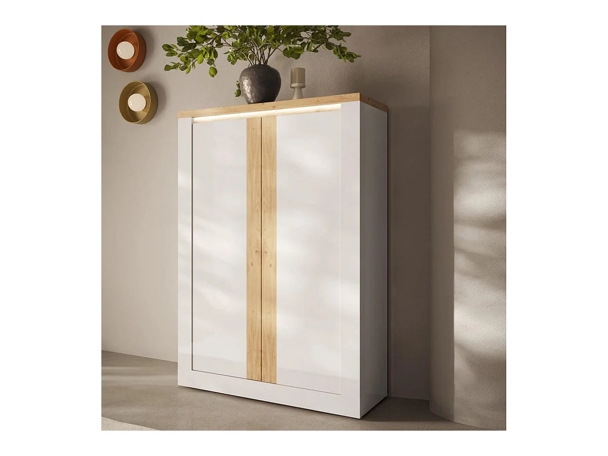 ISALIA - Rangement 2 portes blanc et aspect chêne finition Cadiz avec LED
