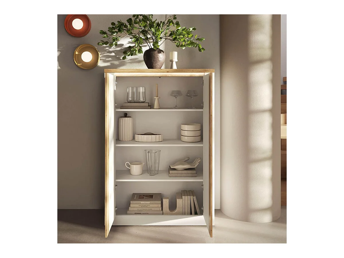 ISALIA - Rangement 2 portes blanc et aspect chêne finition Cadiz avec LED