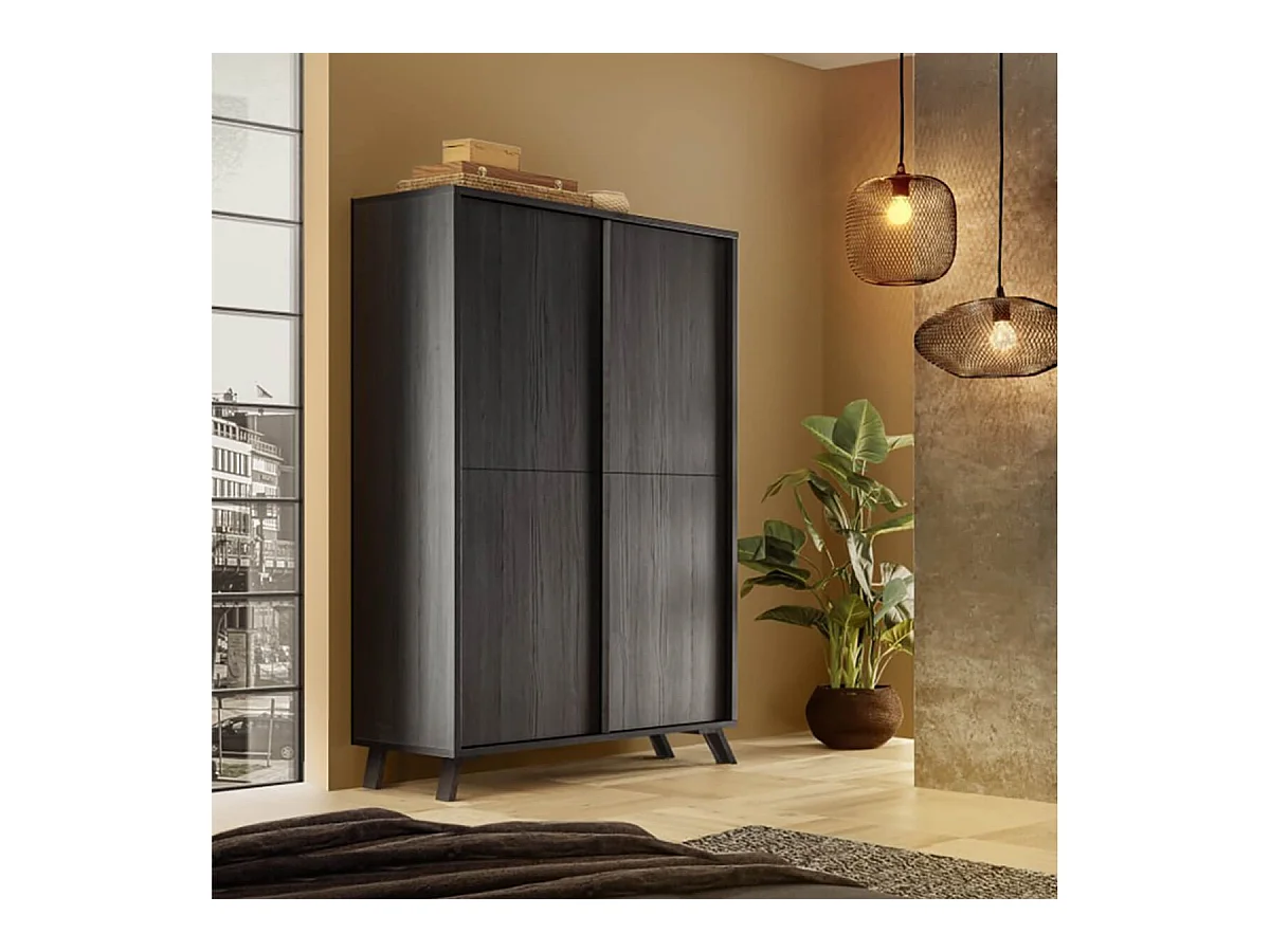 KANSAS BLACK - Rangement 4 portes aspect chêne noir pieds métal noir