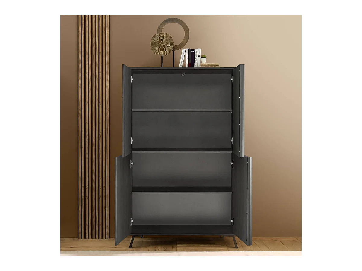 KANSAS BLACK - Rangement 4 portes aspect chêne noir pieds métal noir