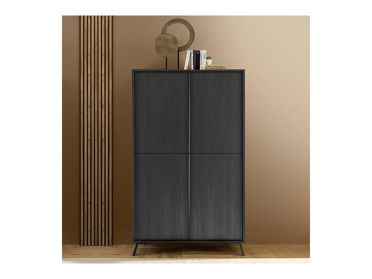 KANSAS BLACK - Rangement 4 portes aspect chêne noir pieds métal noir