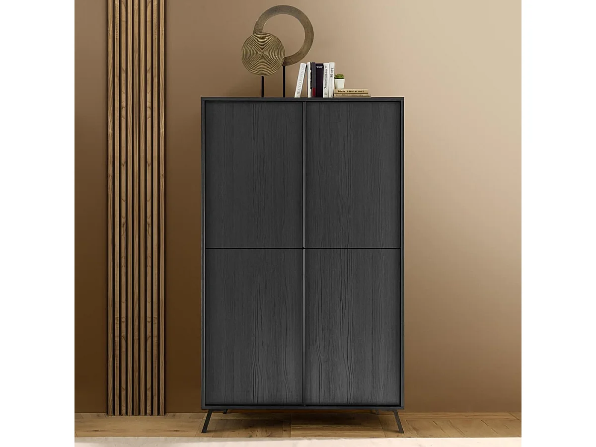 KANSAS BLACK - Rangement 4 portes aspect chêne noir pieds métal noir