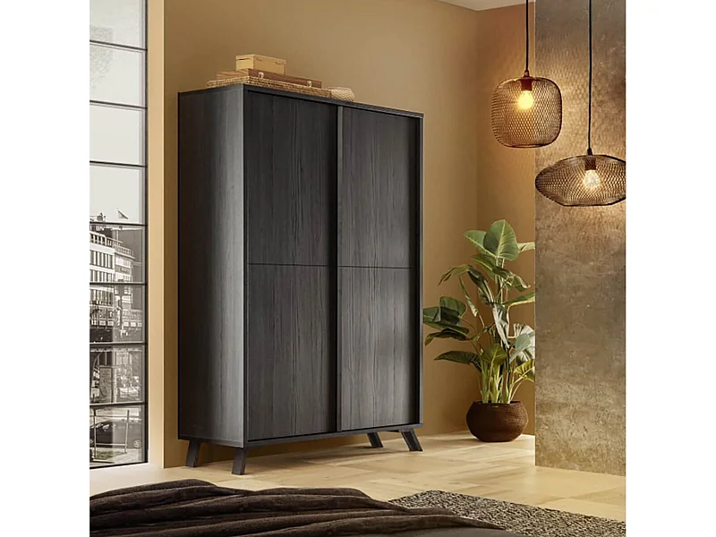 KANSAS BLACK - Rangement 4 portes aspect chêne noir pieds métal noir