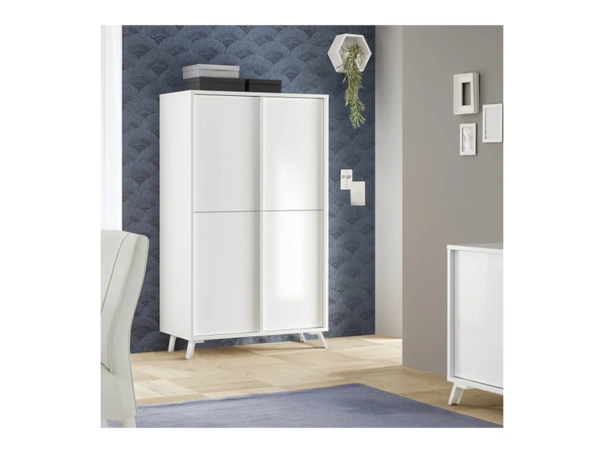 KANSAS WHITE - Rangement 4 portes laqué blanc pieds métal