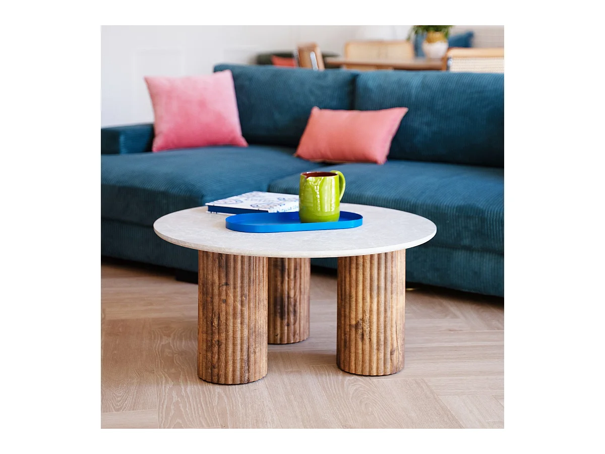 Table basse ronde effet marbre blanc et bois Ø 80 cm - Stone