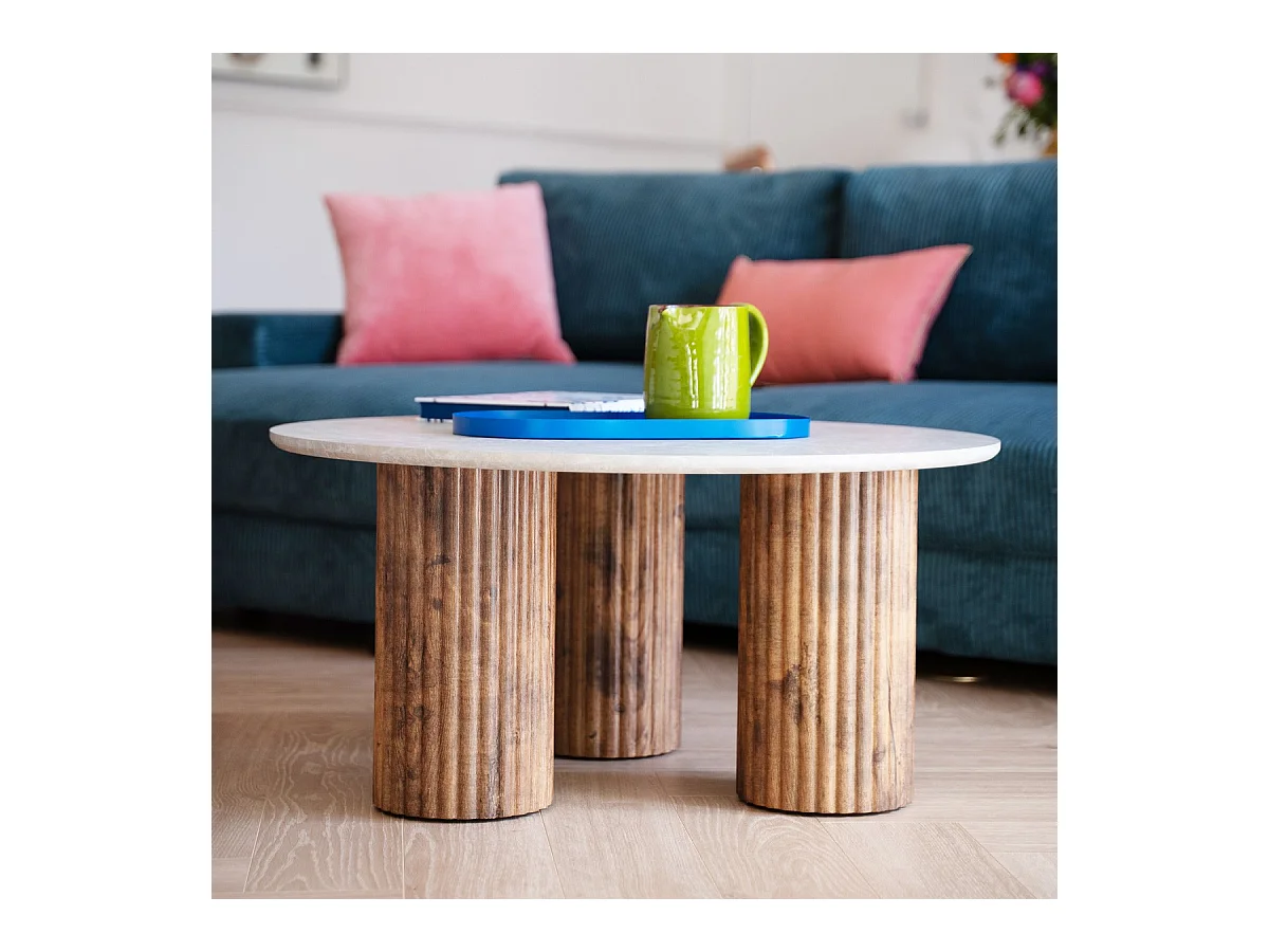 Table basse ronde effet marbre blanc et bois Ø 80 cm - Stone