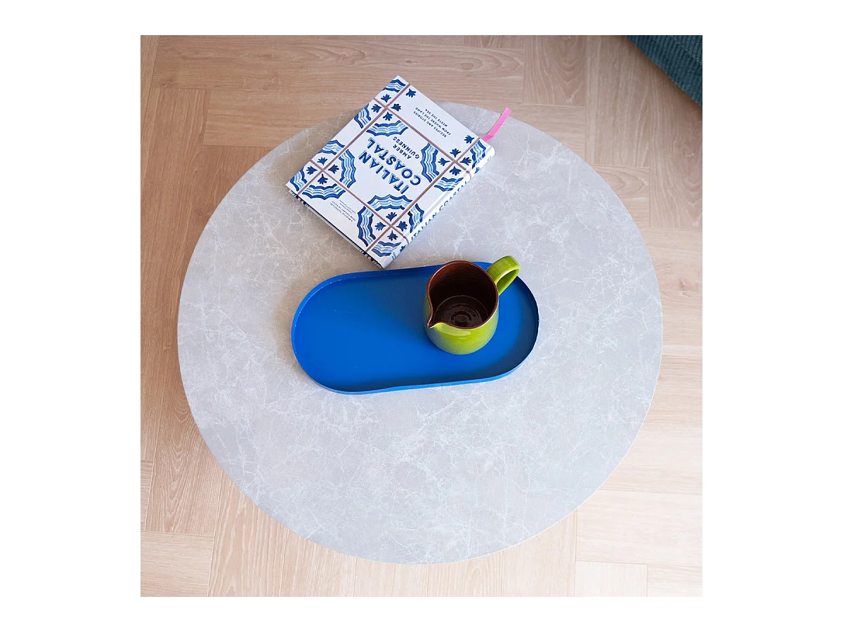 Table basse ronde effet marbre blanc et bois Ø 80 cm - Stone