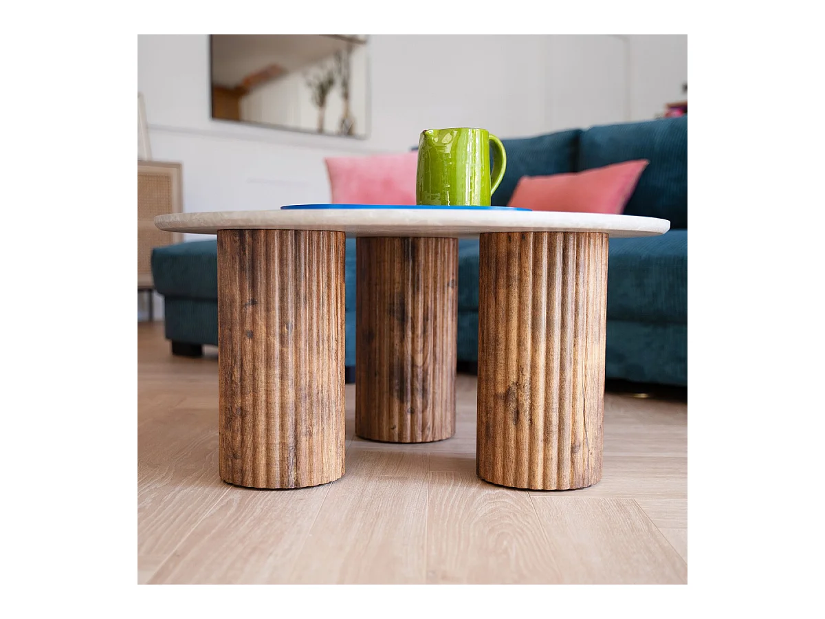 Table basse ronde effet marbre blanc et bois Ø 80 cm - Stone