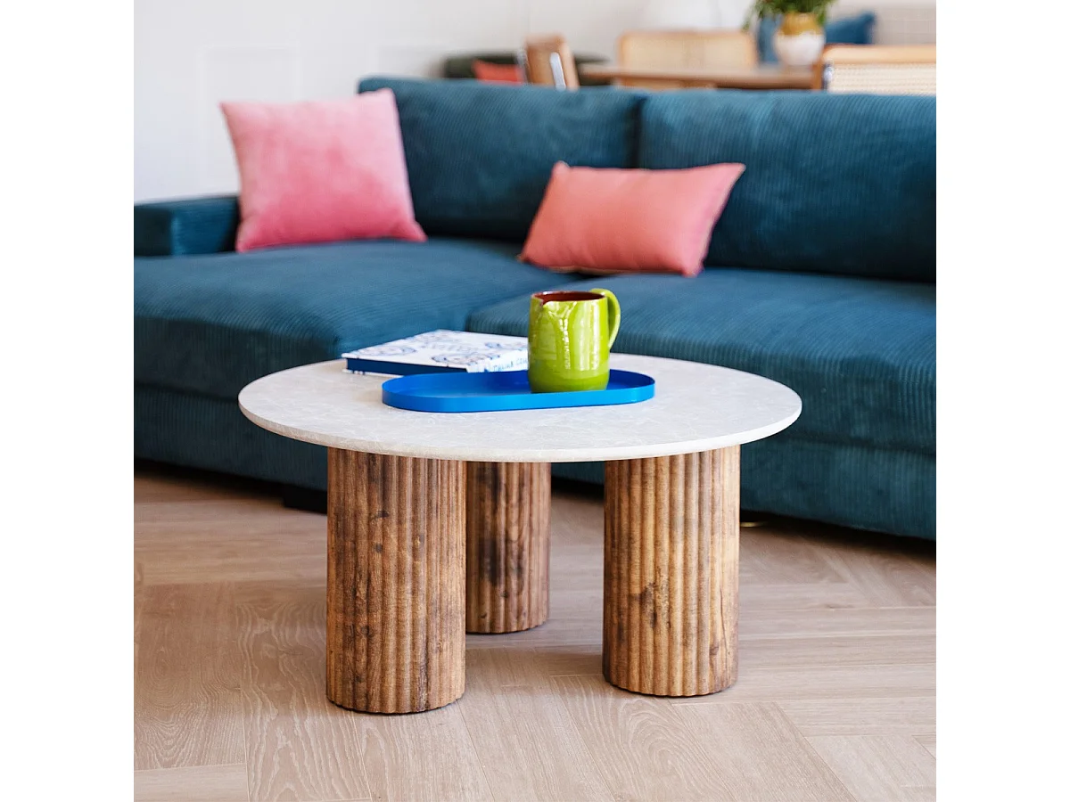 Table basse ronde effet marbre blanc et bois Ø 80 cm - Stone