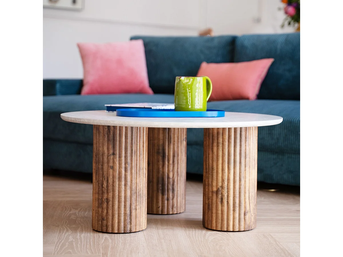 Table basse ronde effet marbre blanc et bois Ø 80 cm - Stone