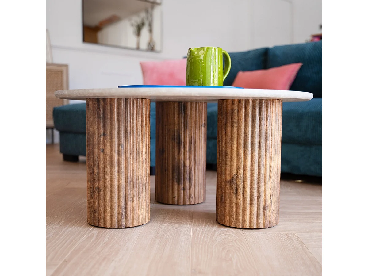 Table basse ronde effet marbre blanc et bois Ø 80 cm - Stone