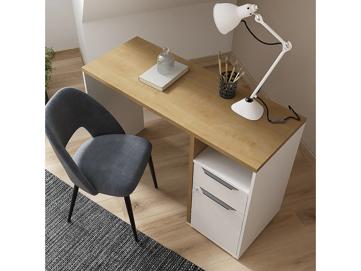 Bureau 1 porte, 1 tiroir et 1 niche décor chêne et blanc mat H77,4 cm - ACCESS