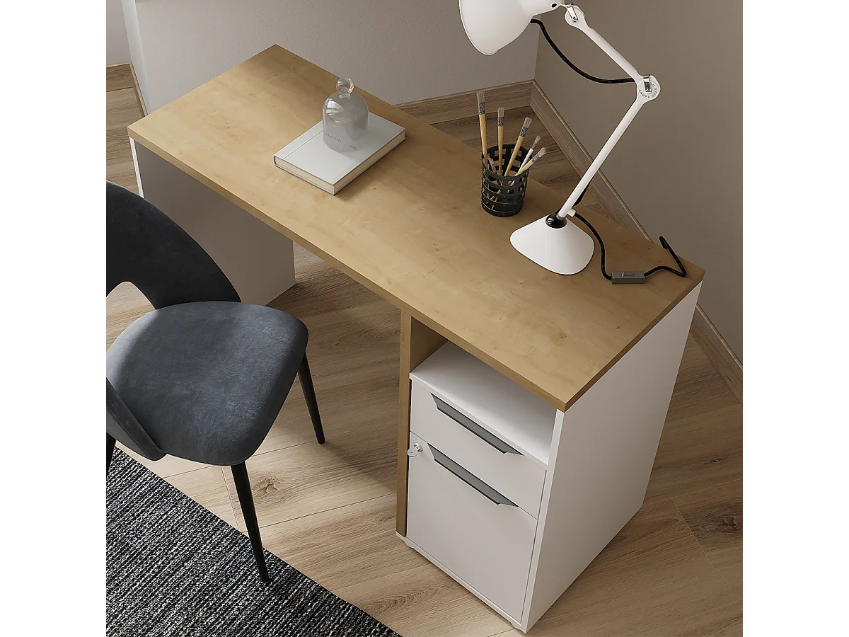 Bureau 1 porte, 1 tiroir et 1 niche décor chêne et blanc mat H77,4 cm - ACCESS