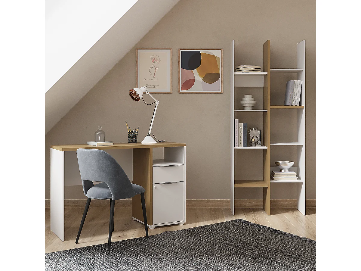 Bureau 1 porte, 1 tiroir et 1 niche décor chêne et blanc mat H77,4 cm - ACCESS
