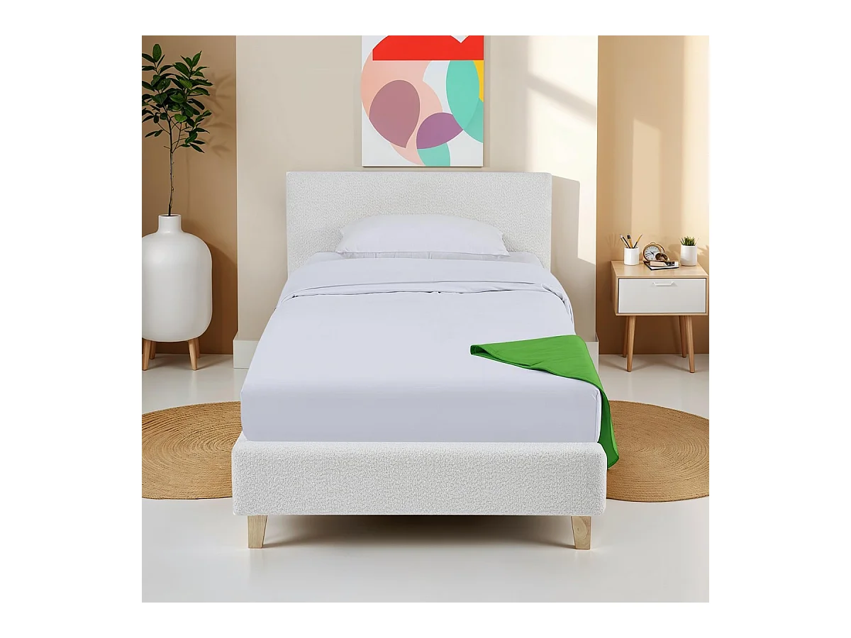 Lit adulte 90x190 cm avec tête de lit capitonnée en tissu bouclé beige - Milo