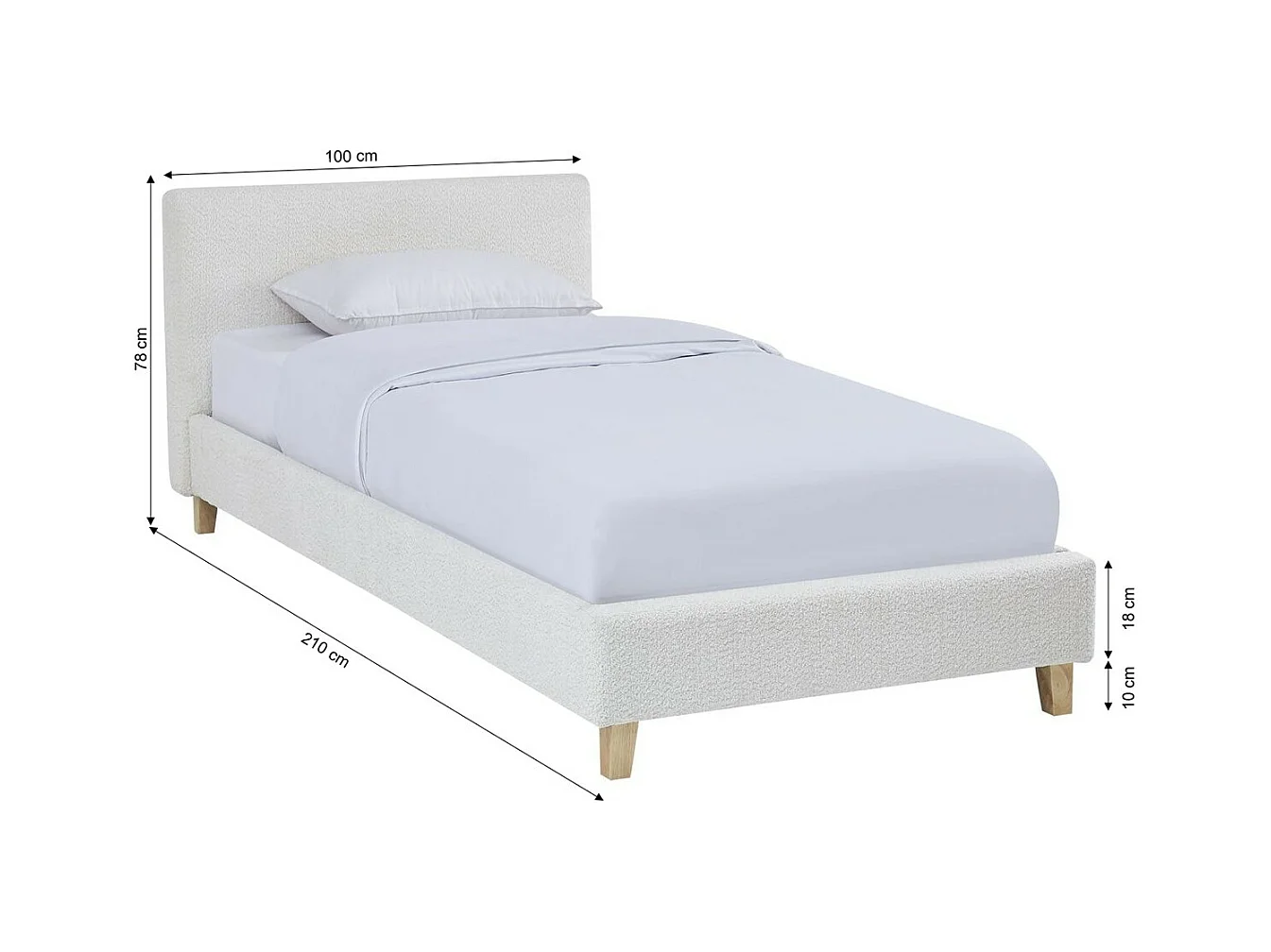 Lit adulte 90x190 cm avec tête de lit capitonnée en tissu bouclé beige - Milo