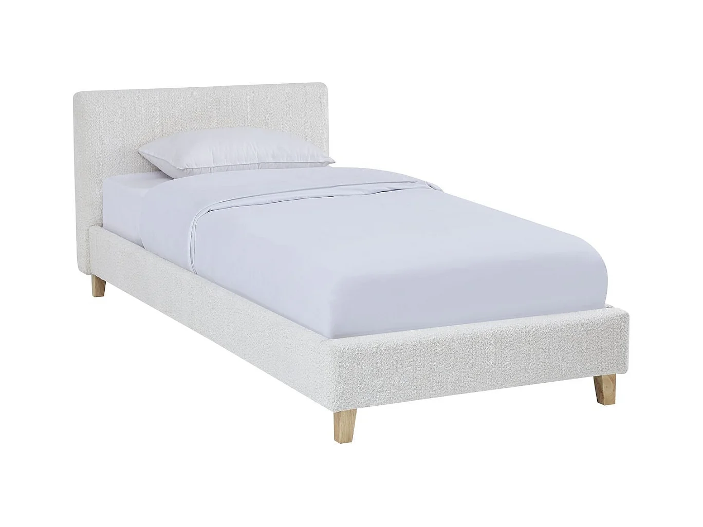 Lit adulte 90x190 cm avec tête de lit capitonnée en tissu bouclé beige - Milo