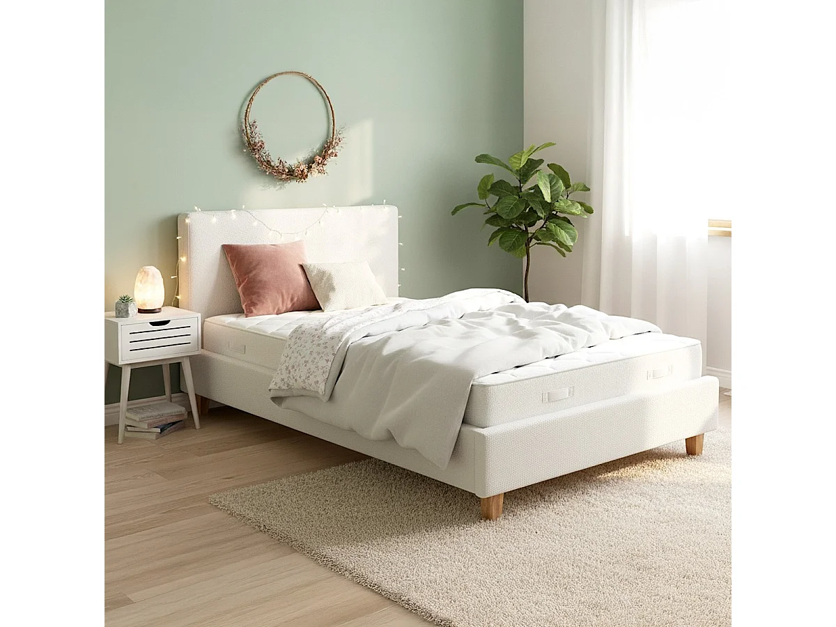 Lit adulte 90x190 cm avec tête de lit capitonnée en tissu bouclé beige - Milo