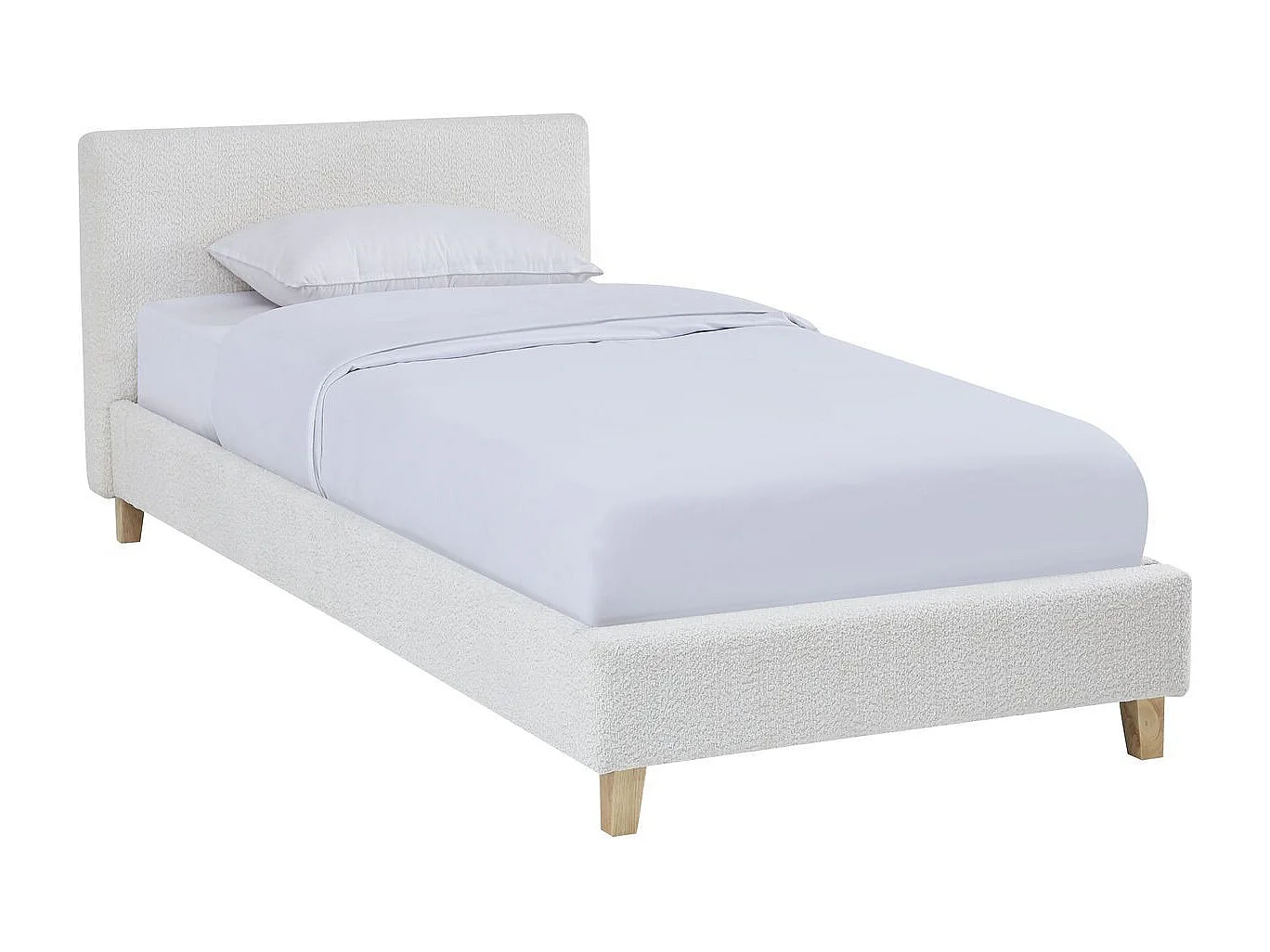 Lit adulte 90x190 cm avec tête de lit capitonnée en tissu bouclé beige - Milo