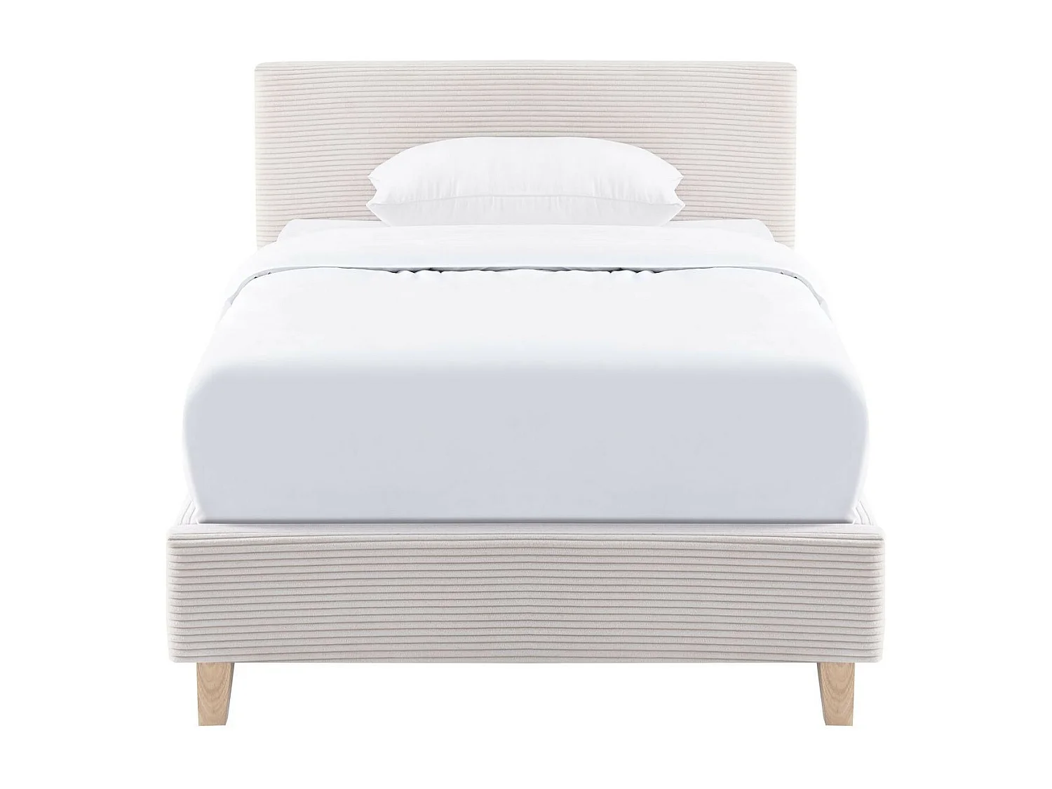 Lit adulte 90x190 cm avec tête de lit capitonnée en velours côtelé beige - Milo