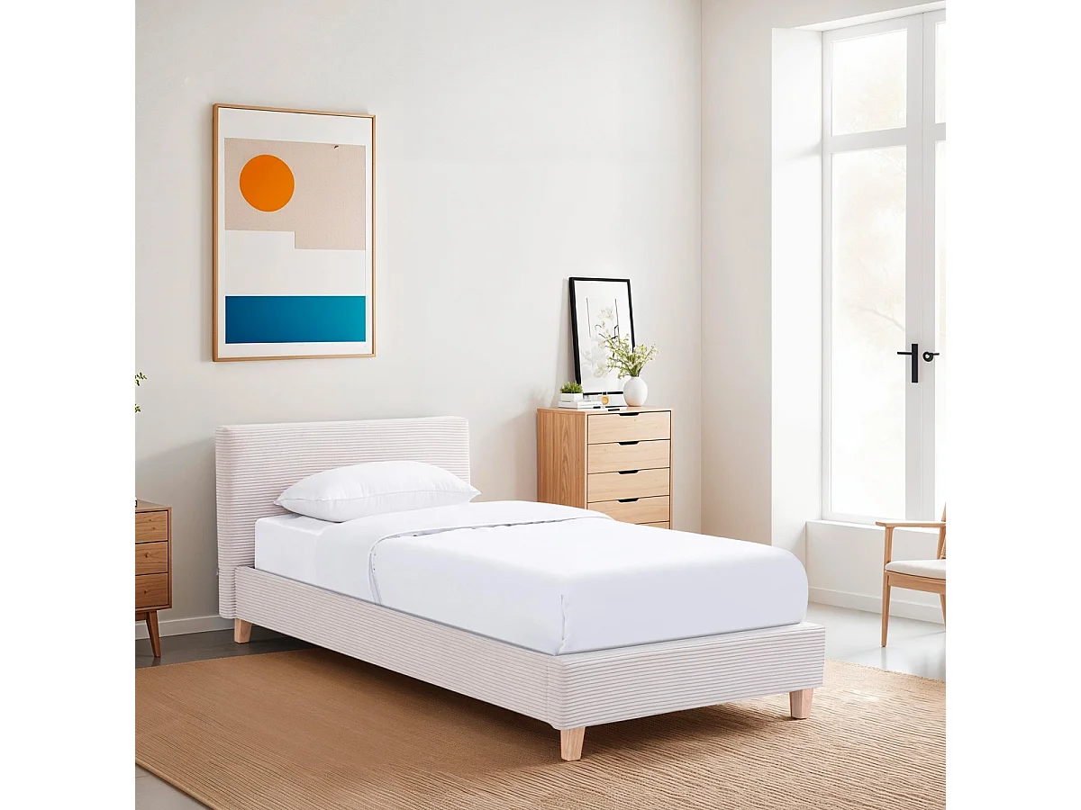 Lit adulte 90x190 cm avec tête de lit capitonnée en velours côtelé beige - Milo
