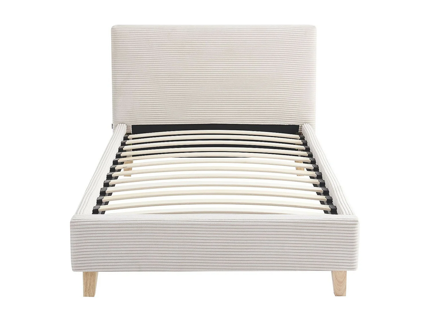 Lit adulte 90x190 cm avec tête de lit capitonnée en velours côtelé beige - Milo