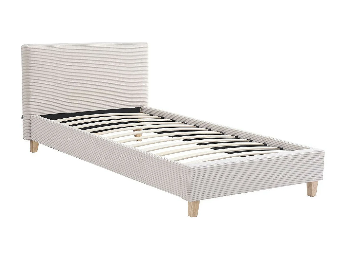Lit adulte 90x190 cm avec tête de lit capitonnée en velours côtelé beige - Milo