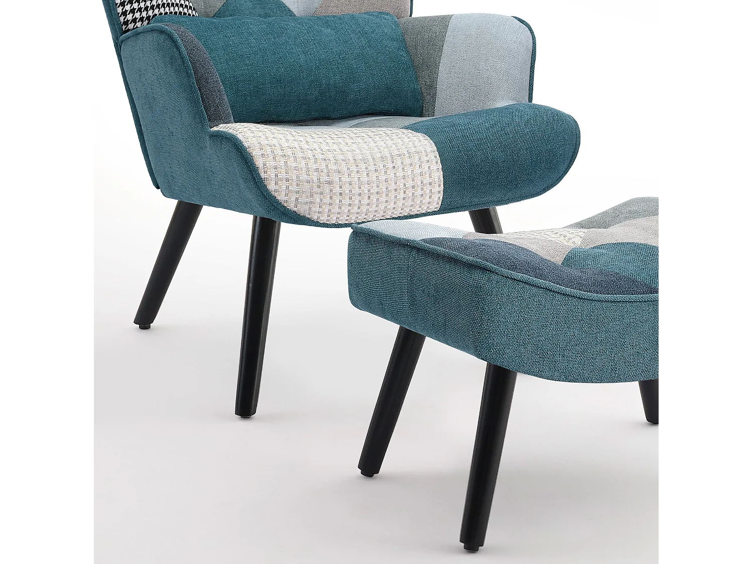 Fauteuil à oreilles, fauteuil de relaxation, fauteuil, fauteuil à oreilles patchwork avec tabouret, fauteuil de lecture