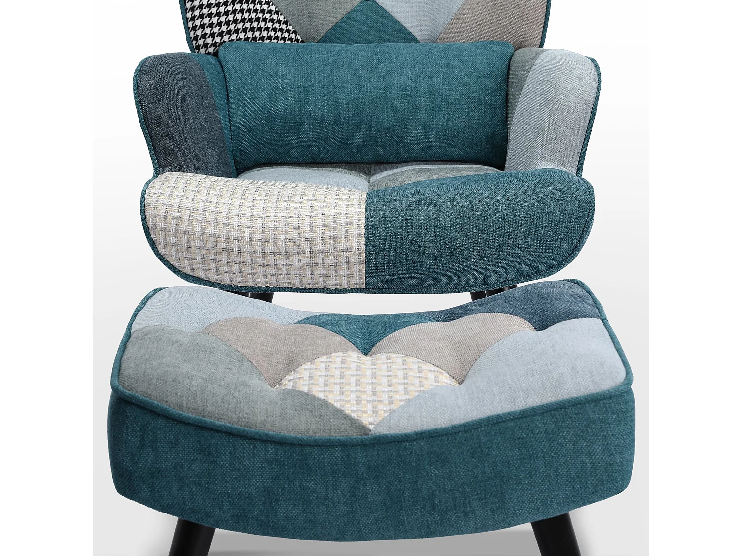 Fauteuil à oreilles, fauteuil de relaxation, fauteuil, fauteuil à oreilles patchwork avec tabouret, fauteuil de lecture