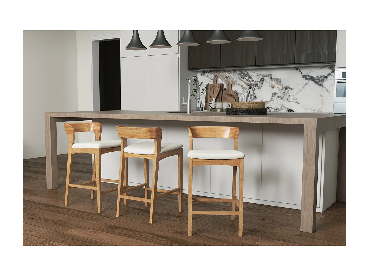 TINO-Sgabello da bar in rovere massello e tessuto Bliss Ecru