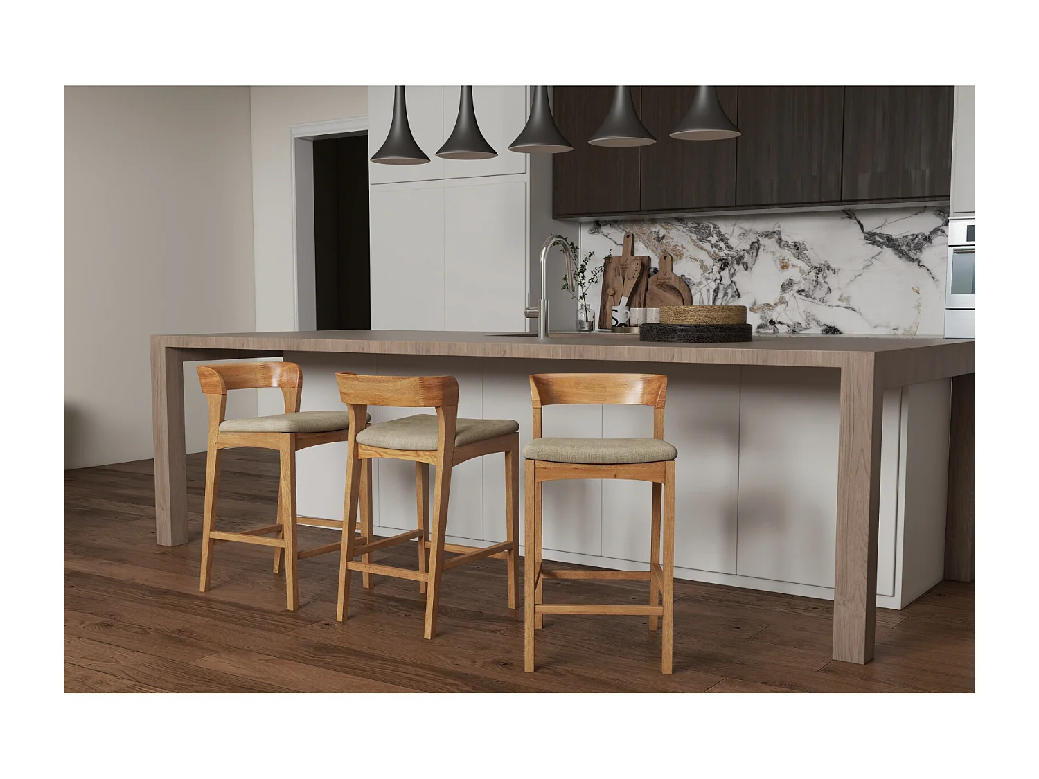 TINO-Sgabello da bar in rovere massello e tessuto Bliss Sabbia