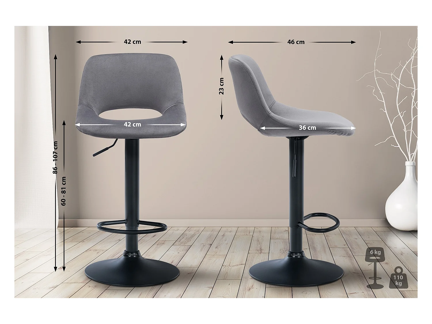 Lot de 2  Tabouret de bar - Velours - Gris foncé - Camden