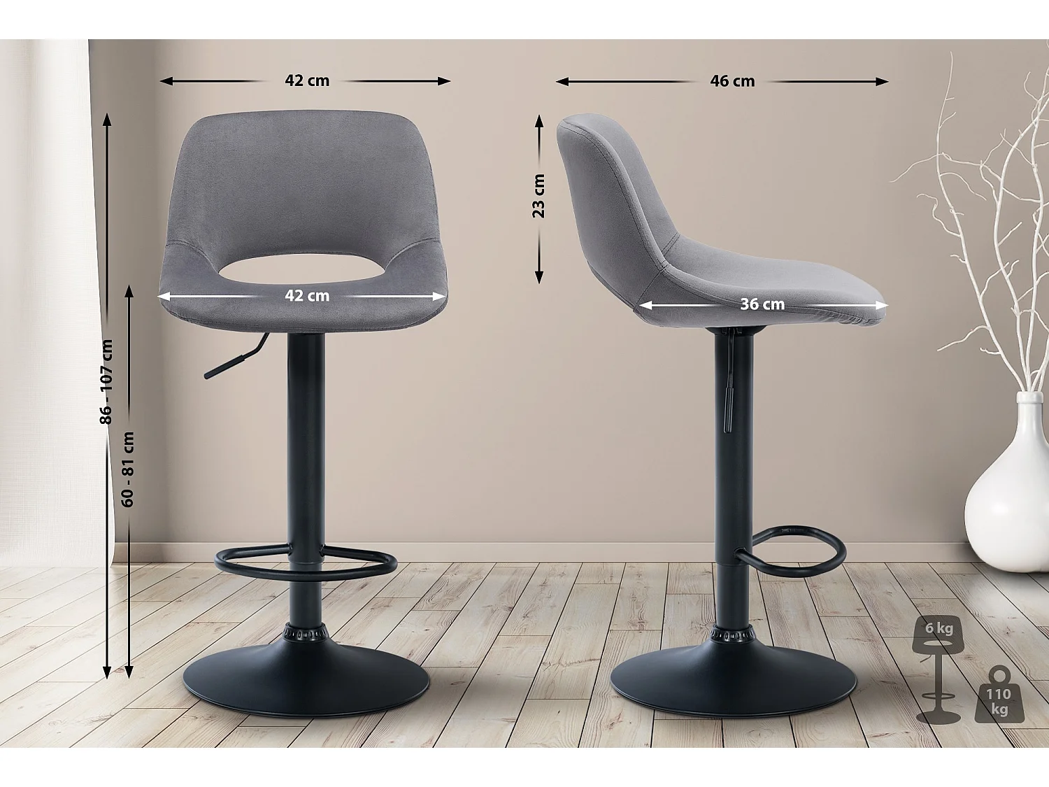 Lot de 2  Tabouret de bar - Velours - Gris foncé - Camden