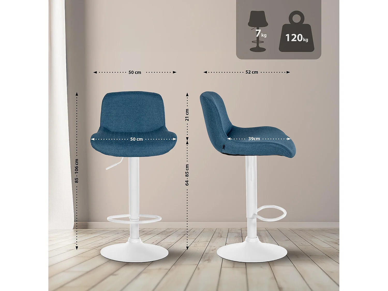 Tabouret de bar - Tissu - Bleu - Solon