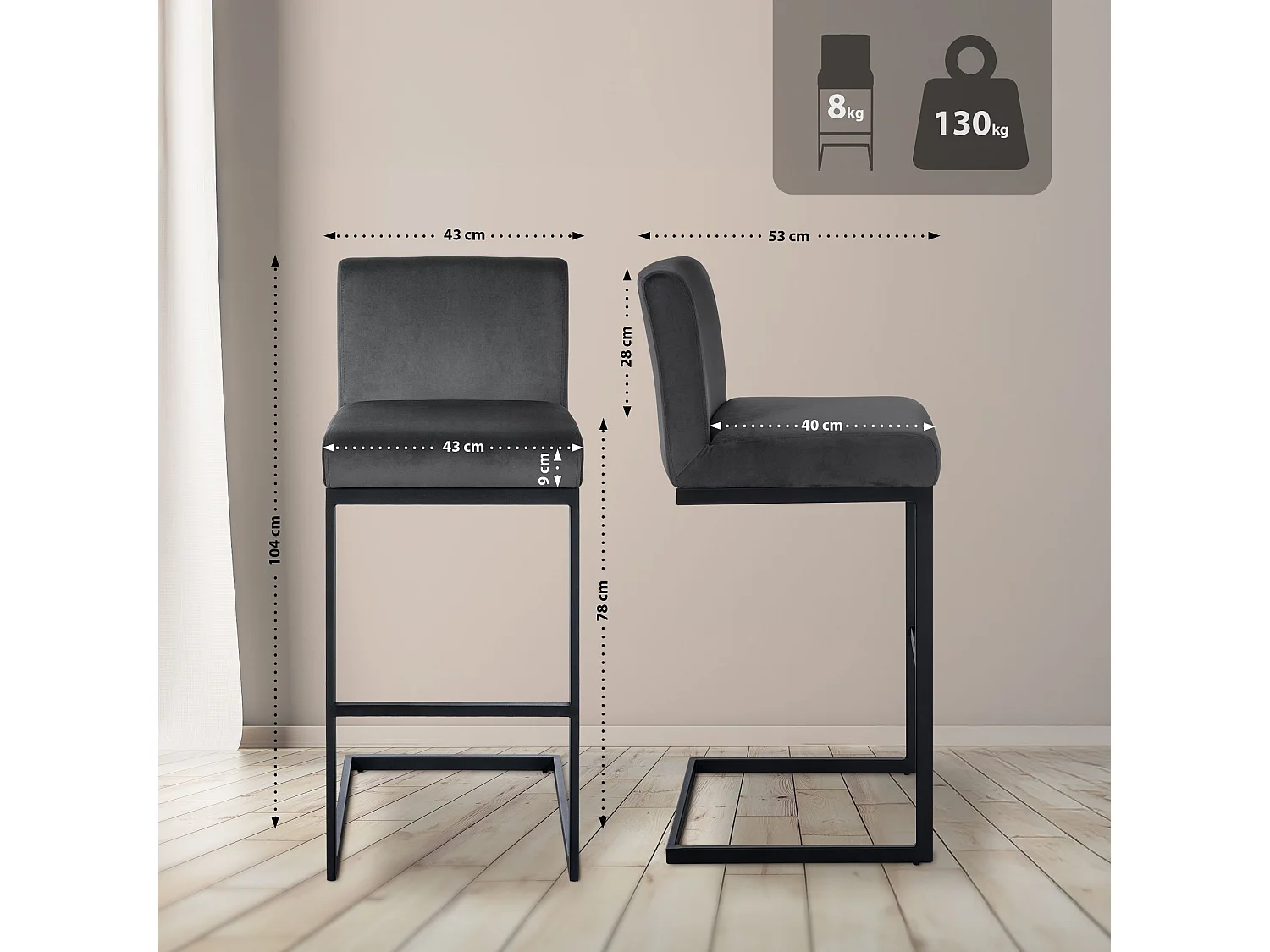 Tabouret de bar - Velours - Gris foncé - Hopewell