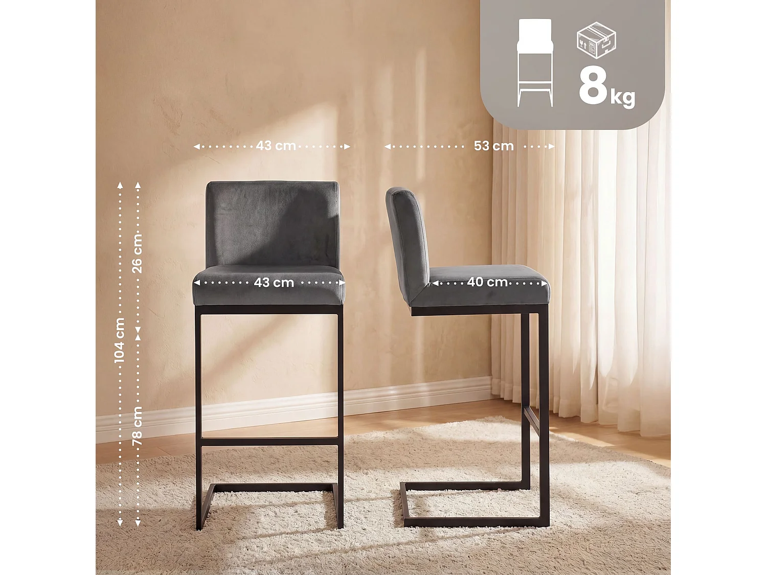 Tabouret de bar - Velours - Gris foncé - Hopewell