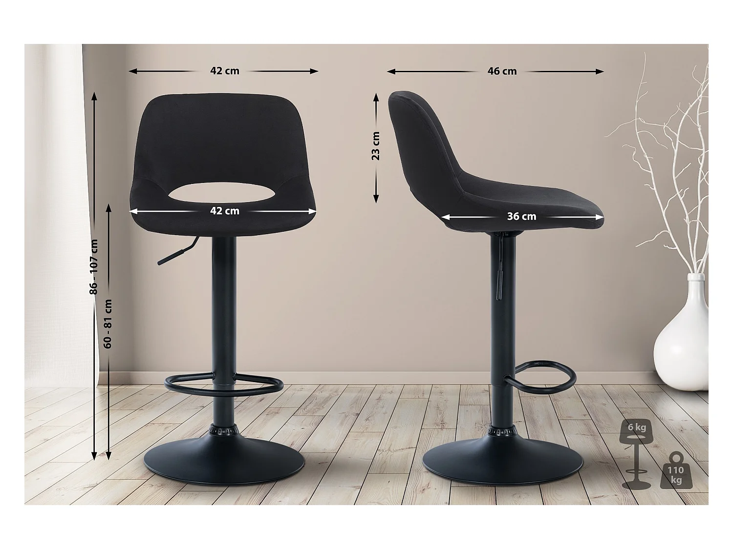 Lot de 2  Tabouret de bar - Velours - Noir - Camden
