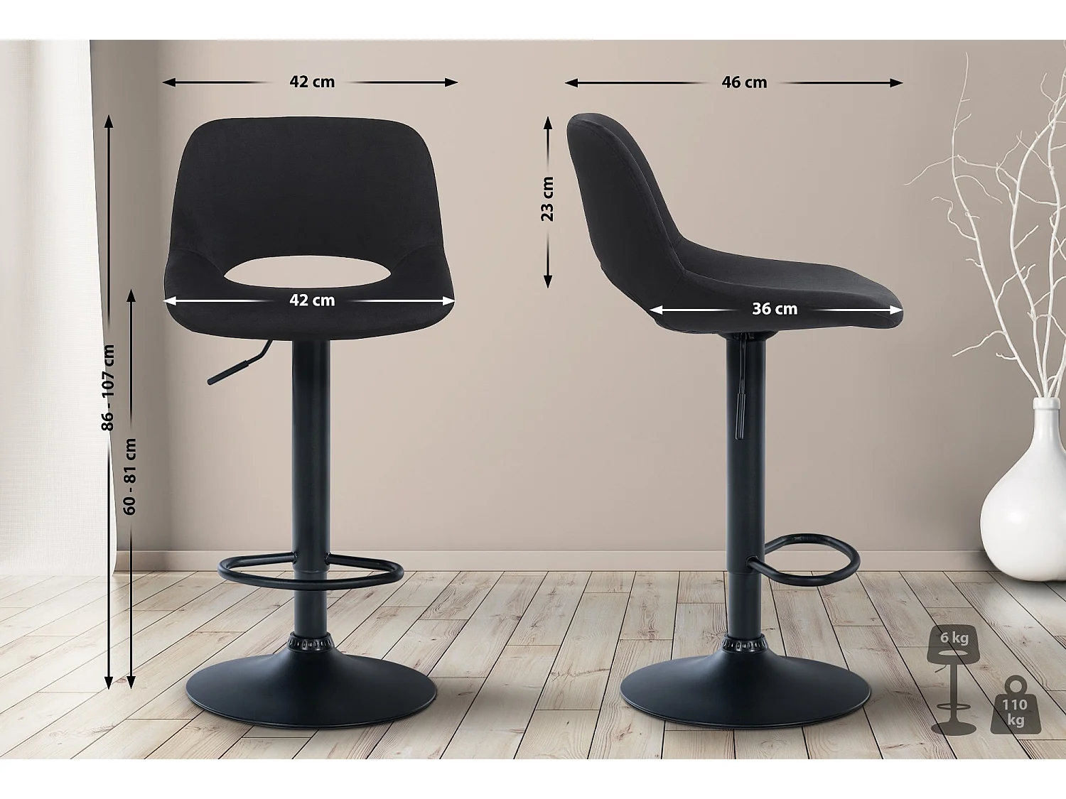 Lot de 2  Tabouret de bar - Velours - Noir - Camden