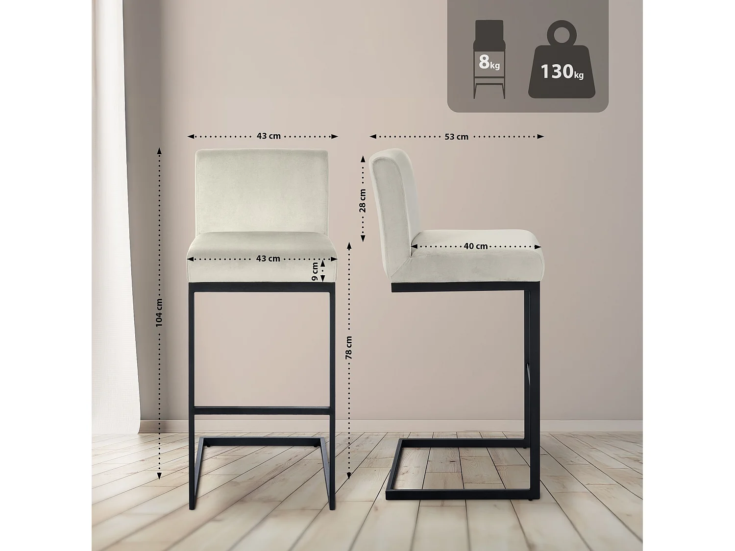 Tabouret de bar - Velours - Crème - Hopewell