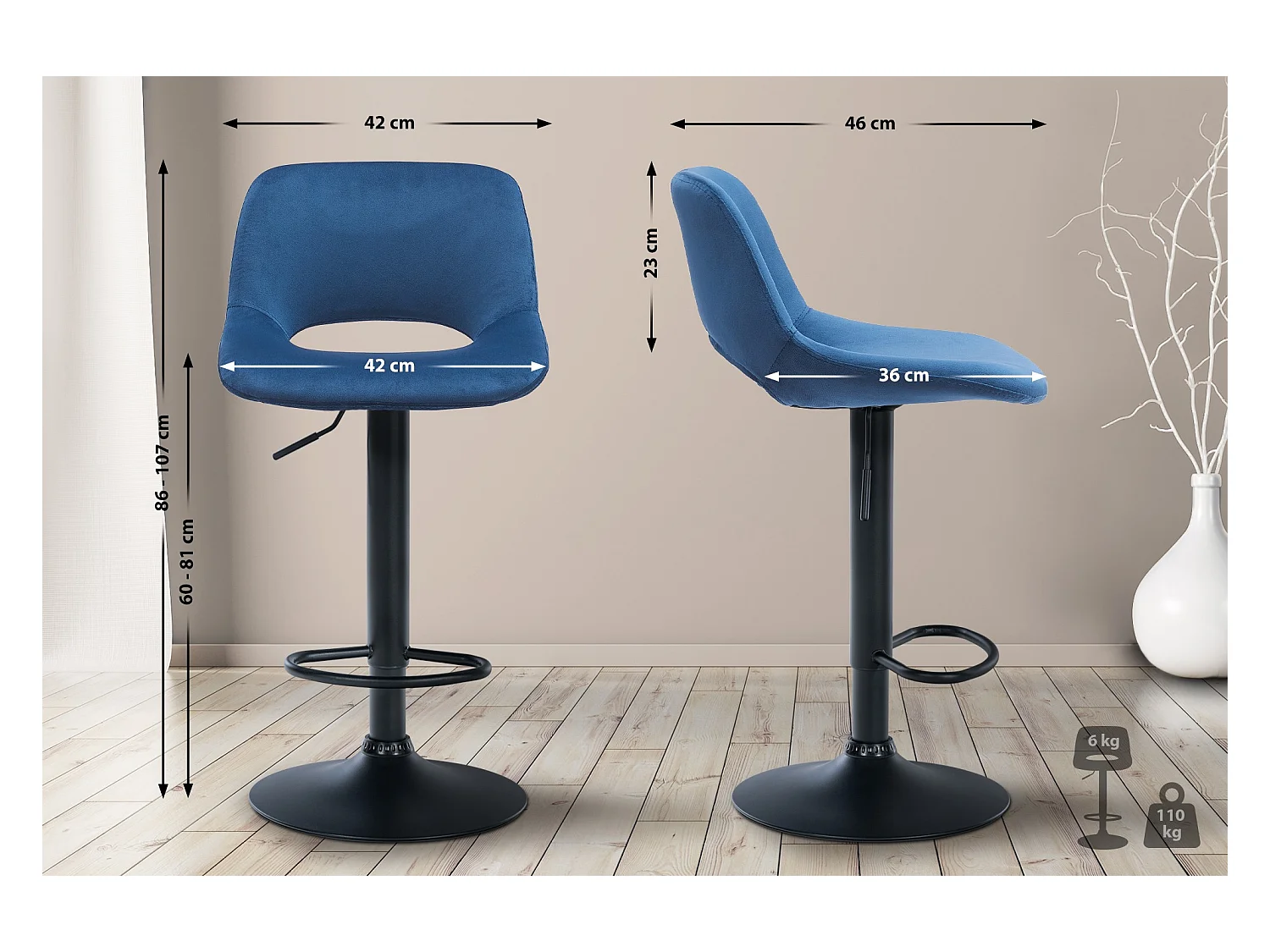 Lot de 2  Tabouret de bar - Velours - Bleu - Camden