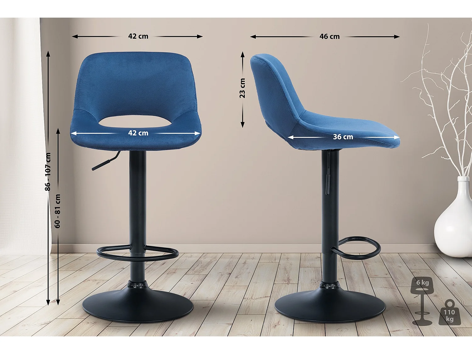 Lot de 2  Tabouret de bar - Velours - Bleu - Camden