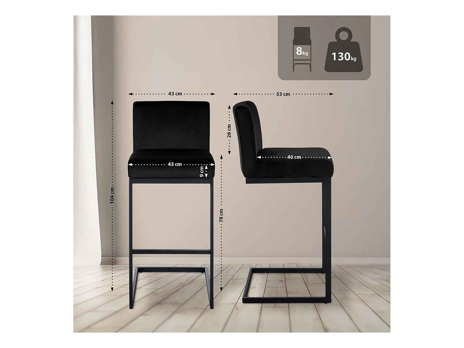 Tabouret de bar - Velours - Noir - Hopewell