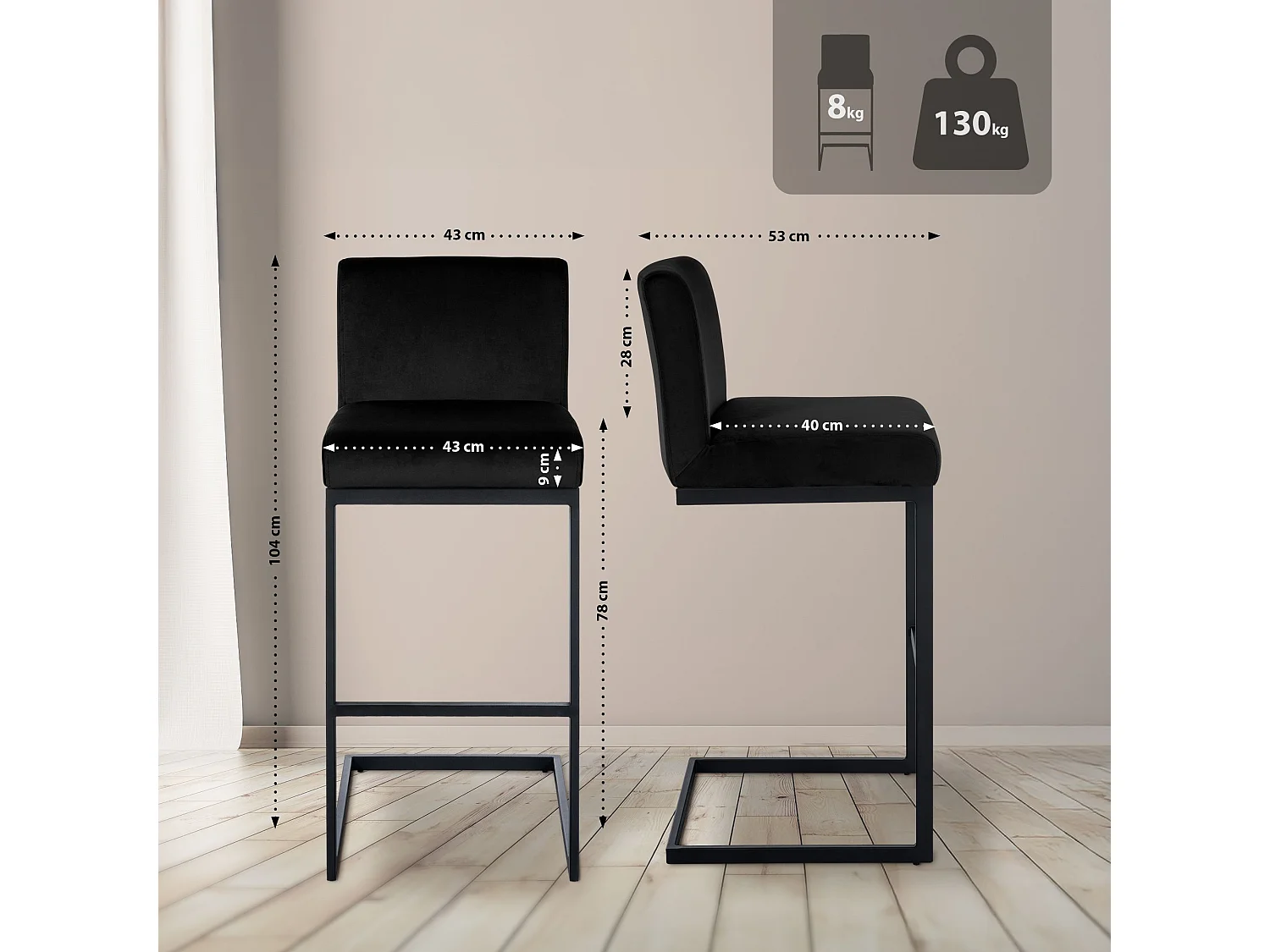 Tabouret de bar - Velours - Noir - Hopewell