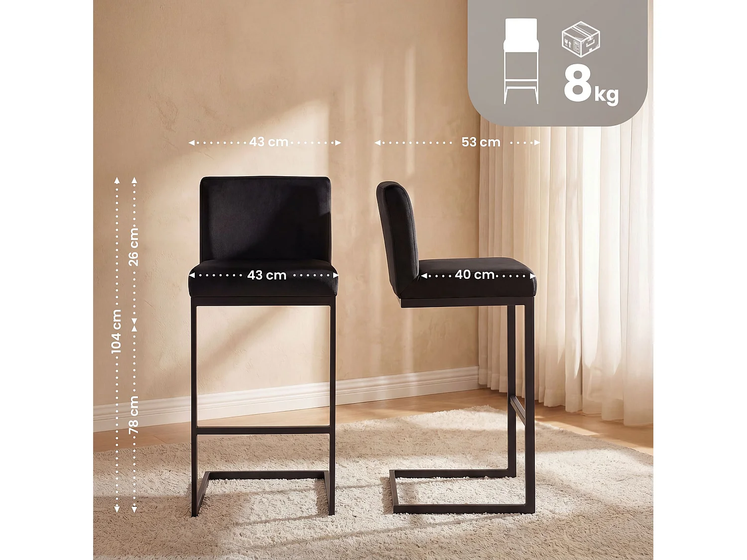 Tabouret de bar - Velours - Noir - Hopewell