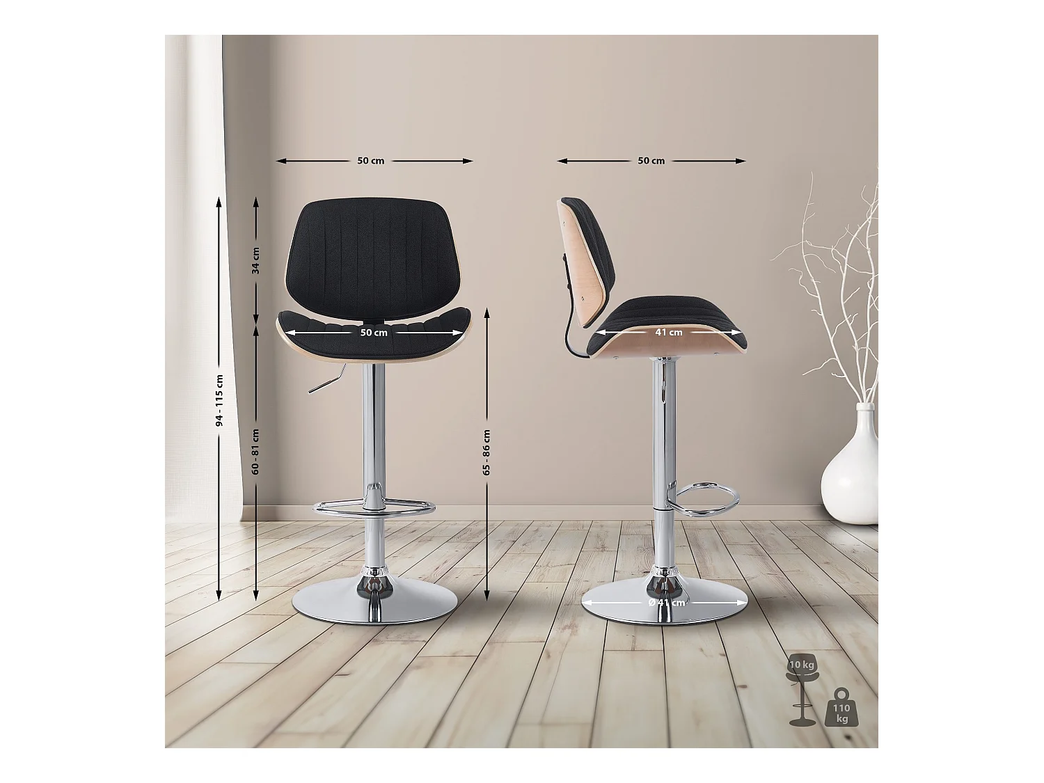 Tabouret de bar - Tissu & Chrome - Nature / Noir - Clawson