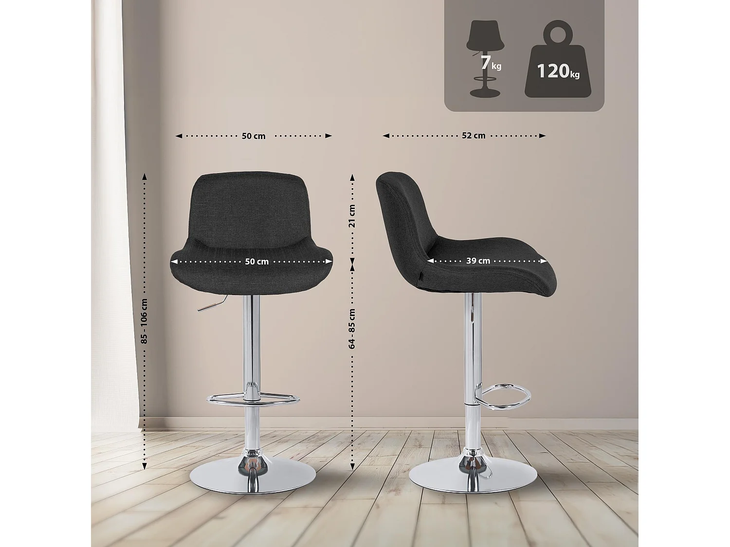 Tabouret de bar - Tissu - Noir - Solon